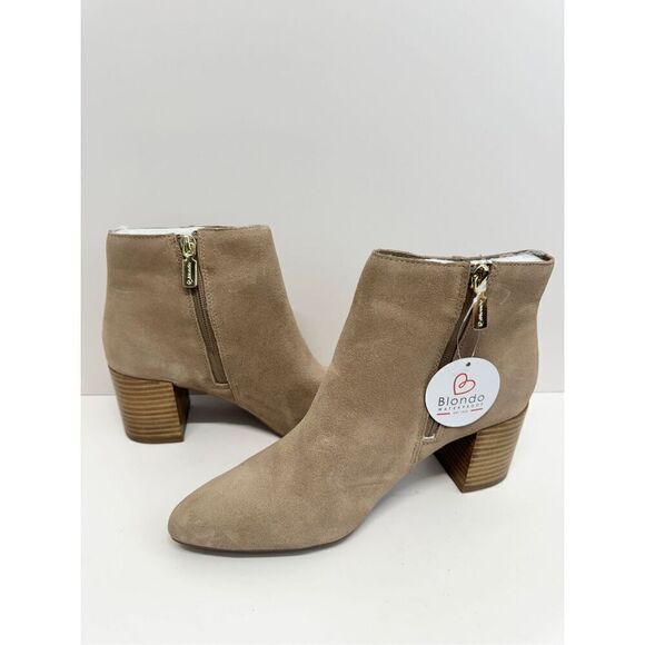Blondo Booties Size 8 Tan Cow Suede Ankle Boots Block Heel Pull On Side Zip - Picture 7 of 9